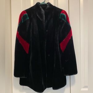 Vintage Sasson Black Faux Fur Jacket with Red and Green Accents